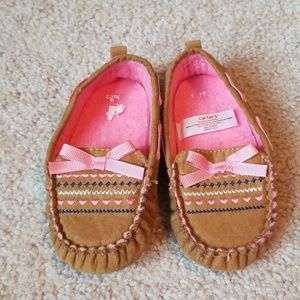Brown and pink moccasins